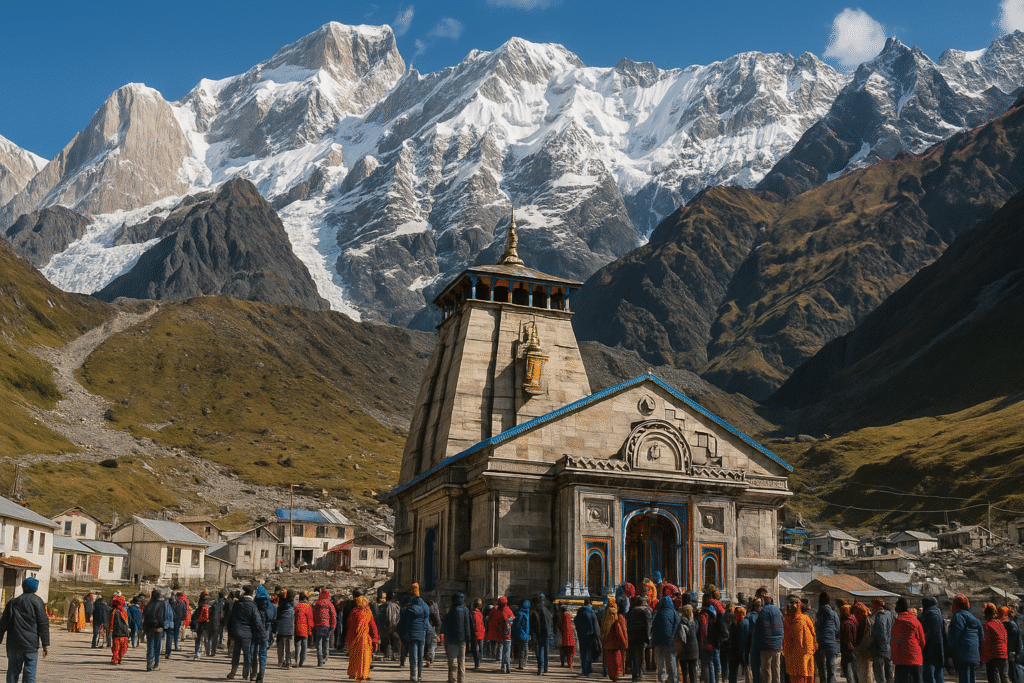 Stone-built Kedarnath Temple in the Himalayas with snow-covered mountains in the background and clear blue sky.